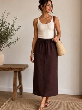 NWT H&M Linen-Blend Skirt | Chocolate Brown | Elastic Waist size XS
